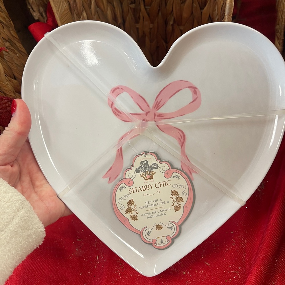 Pink Bow Ribbon Heart Shaped Melamine Plate Set of 4 Coquette Shabby Chic NWT